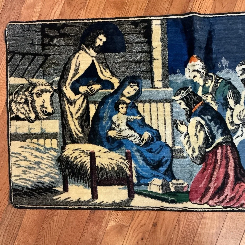 Antique Rare Embroidered Nativity Curtain Panel Cloth Baby Jesus Xmas Tapestry